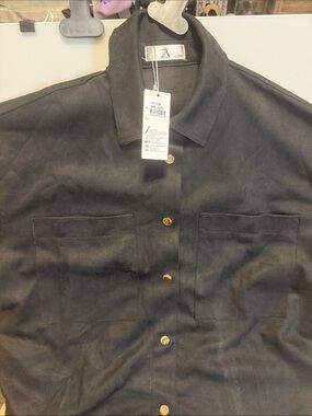 Black Button-Up Shirt Jacket with Front Pockets